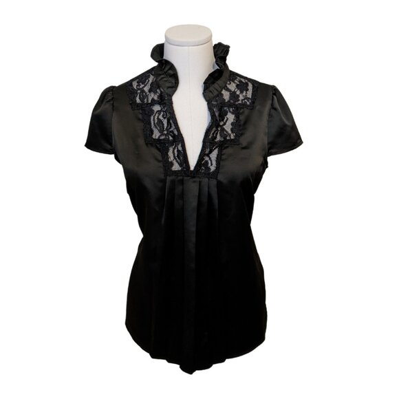 Vintage Y2K Black Lace Satin Blouse Witchy Whimsygoth Vamp V Neck Sz M - Picture 1 of 8